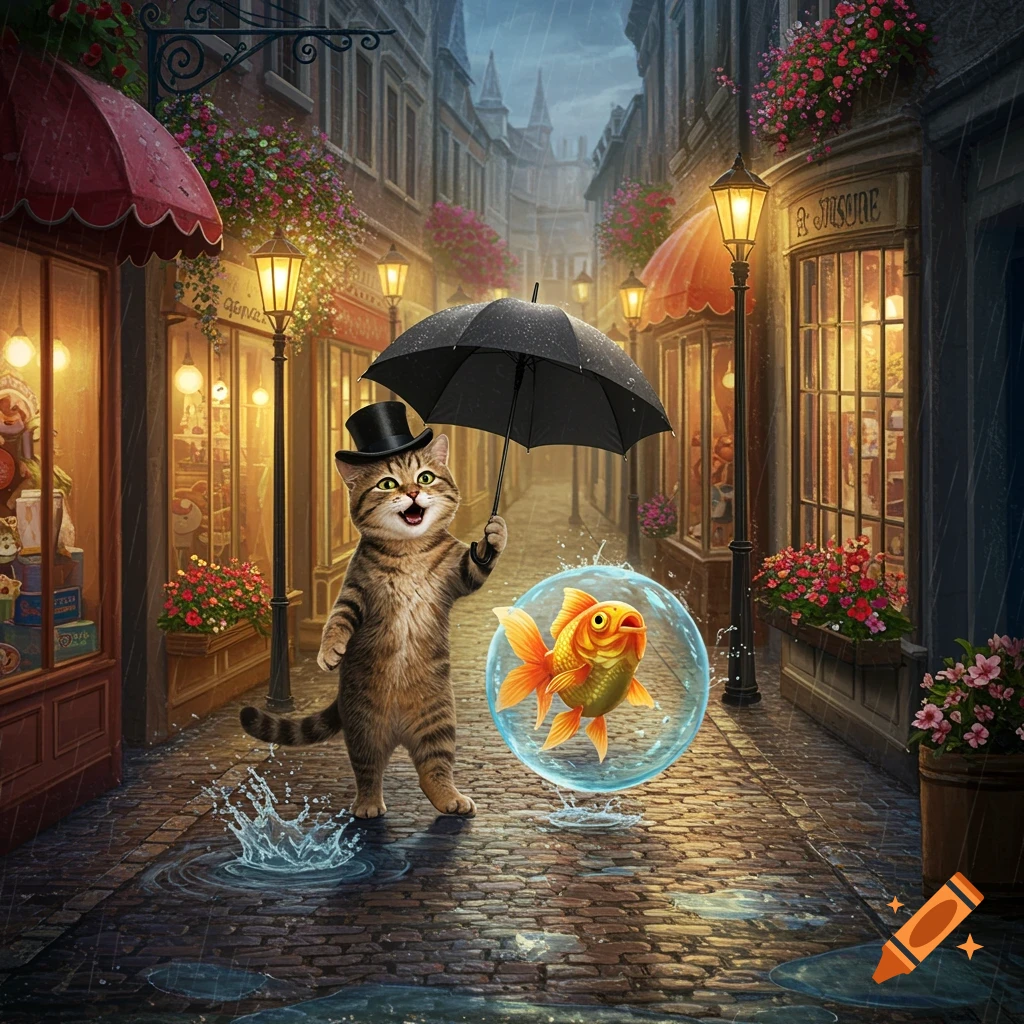 A whimsical tabby cat in a top hat holds an umbrella over a goldfish in a floating water bubble on a rainy cobblestone street lined with glowing shop windows.