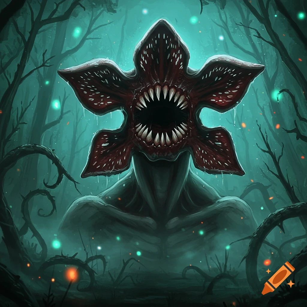 A terrifying Demogorgon monster with a wide, toothy, star-shaped mouth in a dark, glowing forest, in a digital art style.