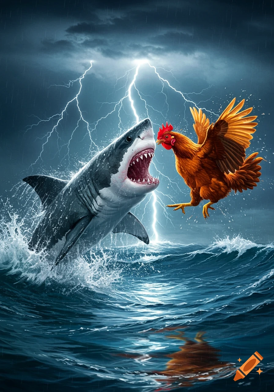 A great white shark and a chicken confront each other as they leap from stormy ocean waves under a lightning strike.