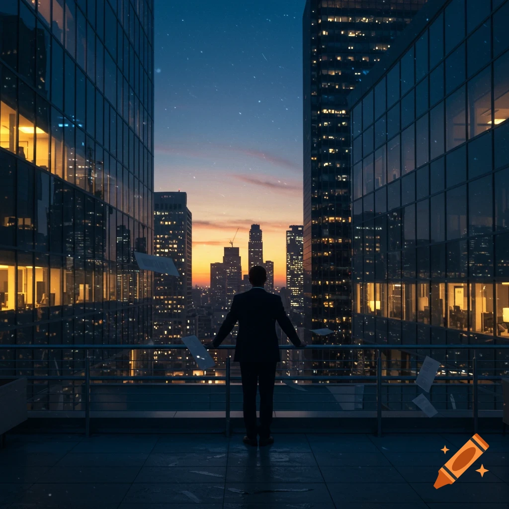 A man in a suit stands on a high-rise balcony, looking out at a city skyline at sunset with papers flying in the air.