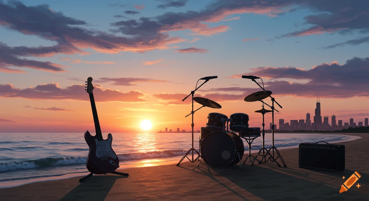 A guitar and drum set on a beach at sunset, with ocean waves and a city skyline in the distance.