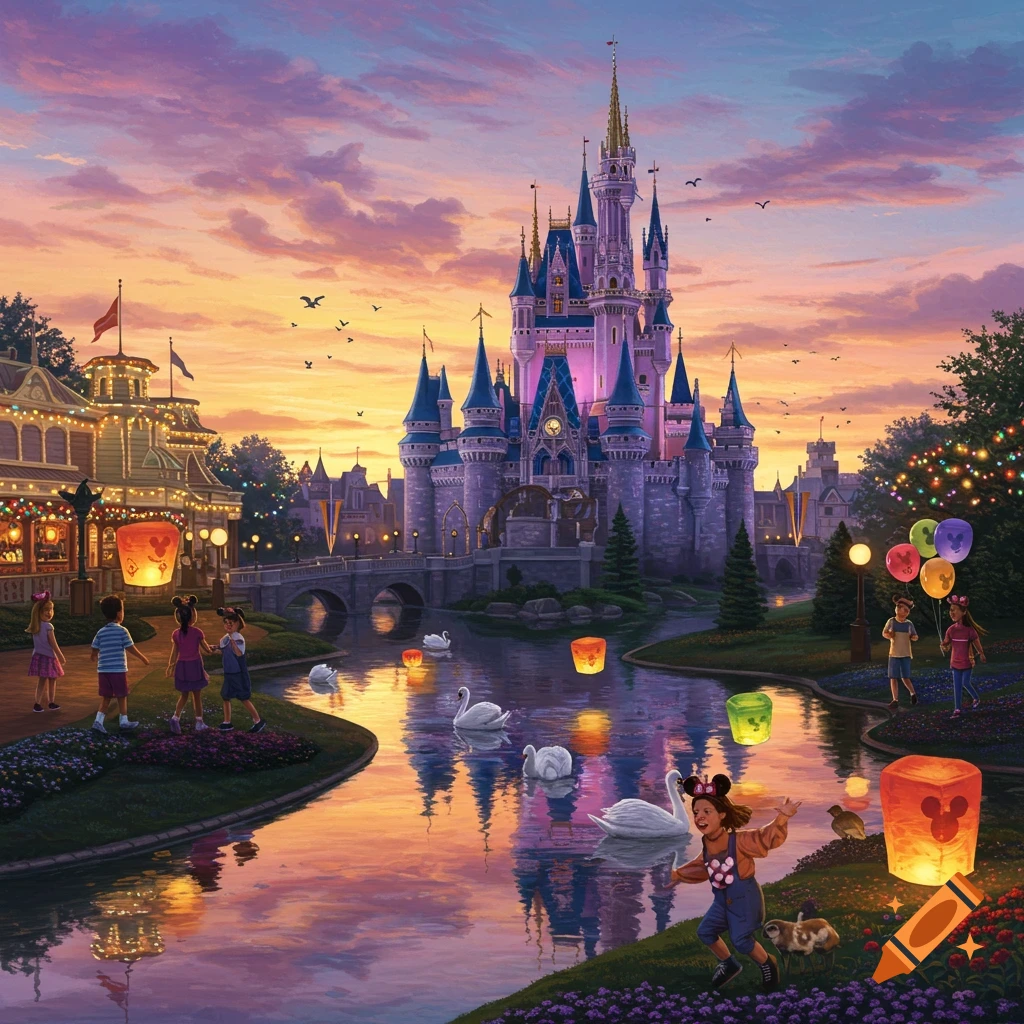 A beautiful Disney-style castle at sunset with children playing by a river with swans and floating lanterns.