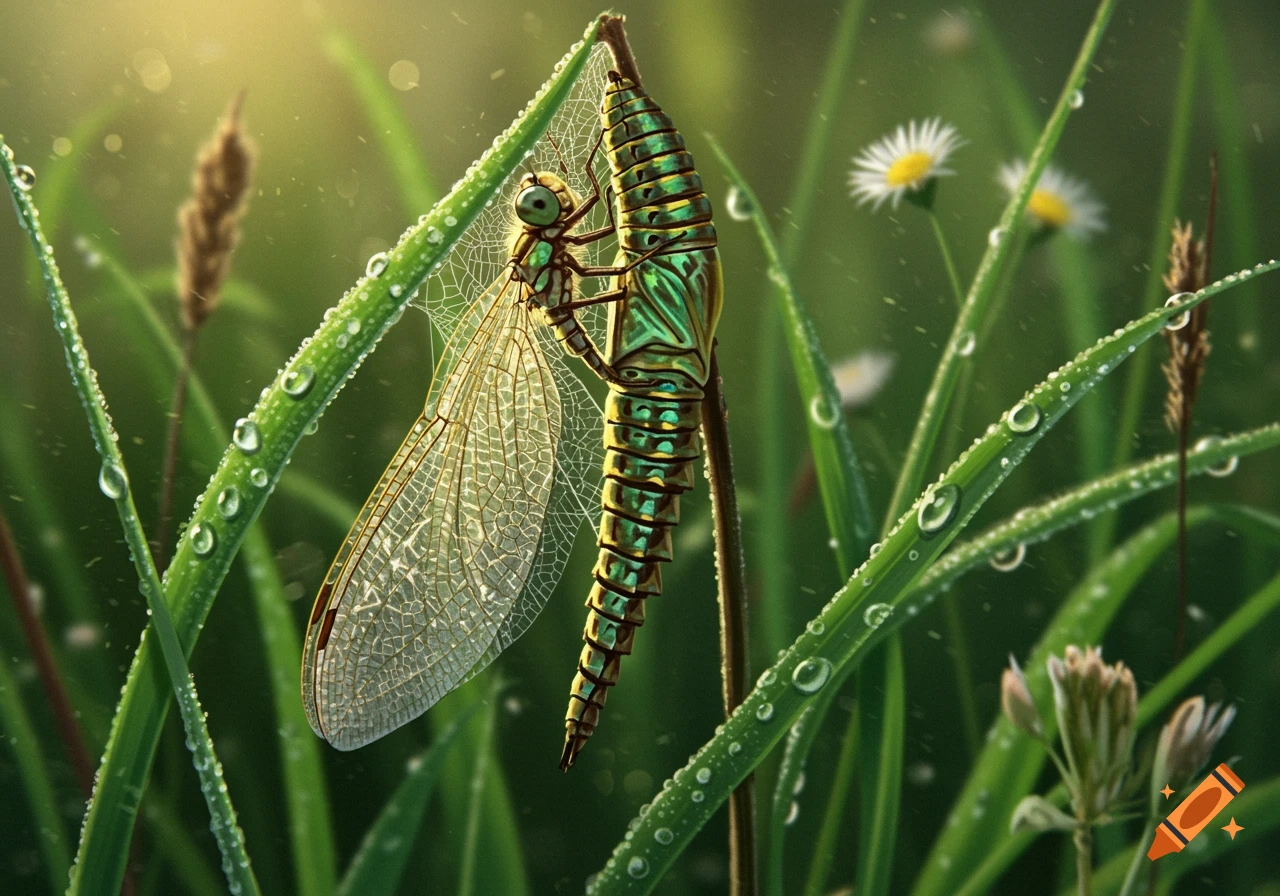 A vibrant green insect with delicate wings and a segmented body clings to a dewy plant stem in sunlit grass.