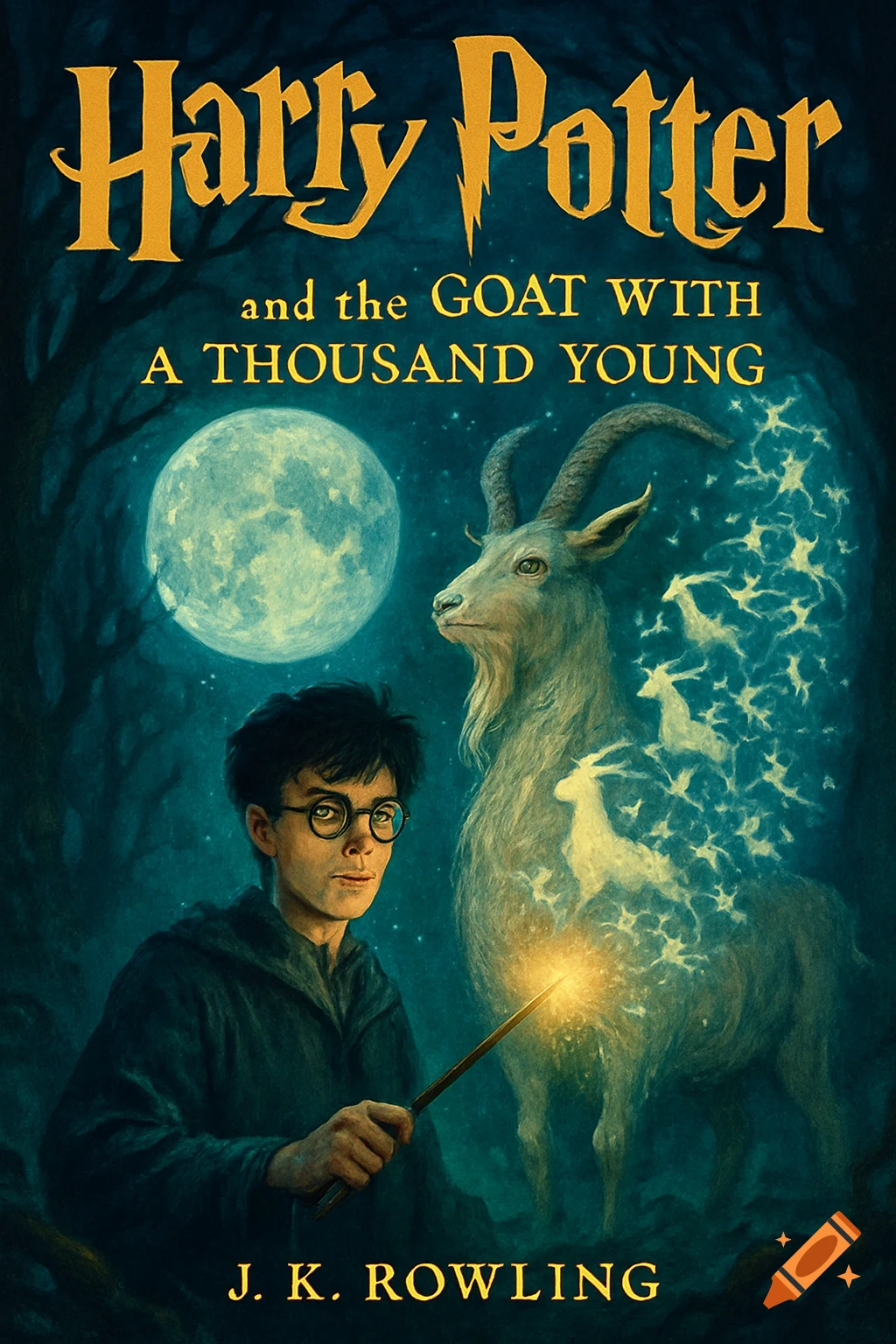 Book cover illustration of Harry Potter casting a spell next to a large glowing goat creature in a dark forest under a full moon.