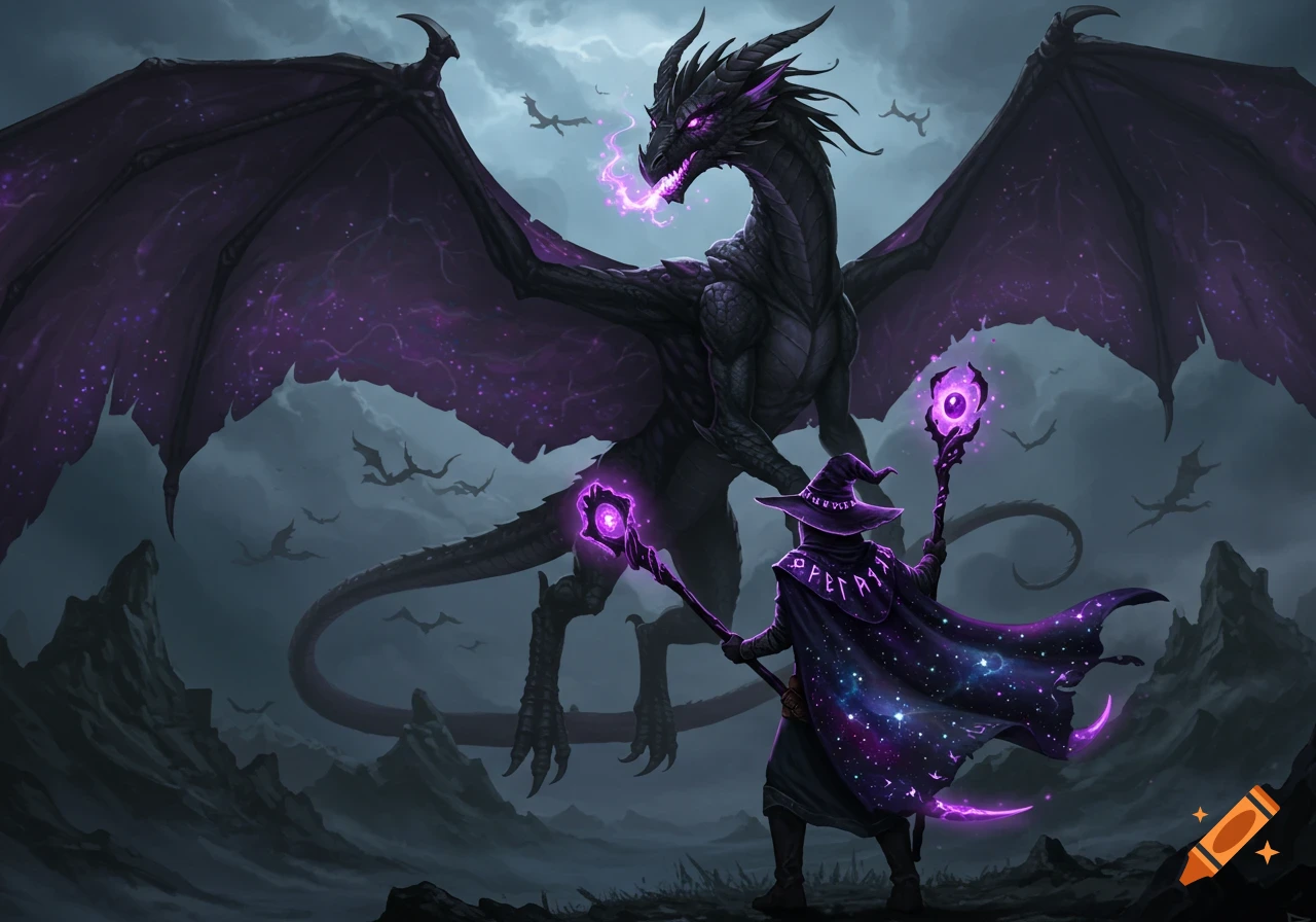 A wizard in a starry cloak and hat faces a large purple-glowing black dragon in a dark fantasy landscape.