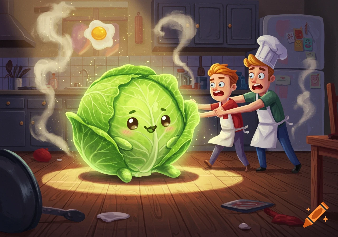 Two cartoon men in aprons react to a glowing, sentient cabbage in a kitchen, with a floating egg and spilled pan.