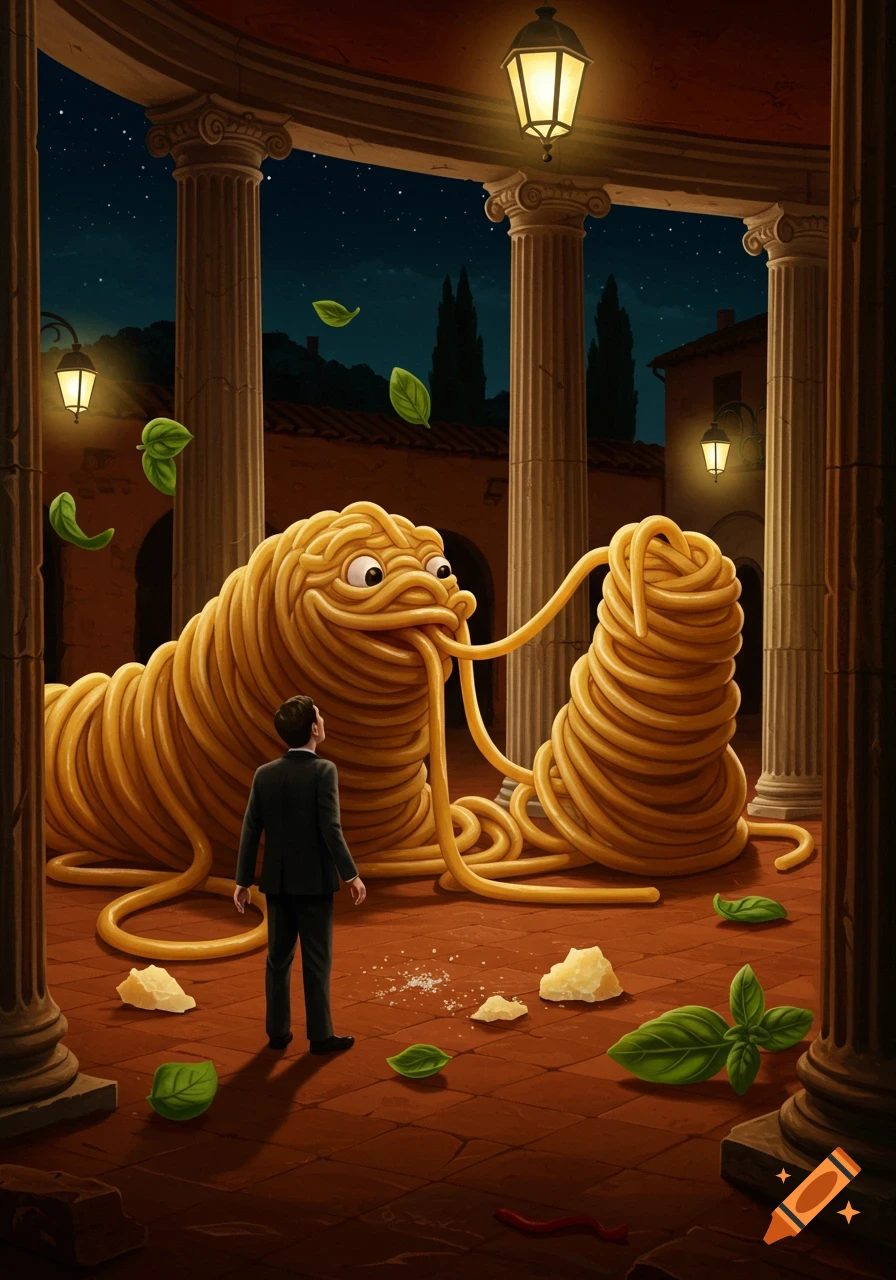 A giant spaghetti monster with eyes and a mouth faces a man in a suit under Roman columns at night, with basil leaves and cheese.