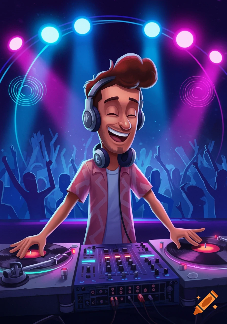 A cartoon man with red hair wearing headphones smiles brightly while DJing at a vibrant, neon-lit party with silhouetted dancers in the background.