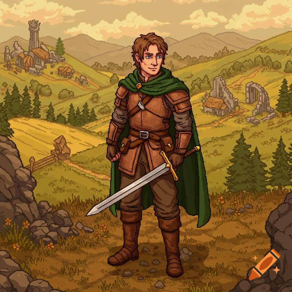 An isometric pixel art sprite of a male adventurer in brown armor and a green cape holding a sword, standing in a valley.