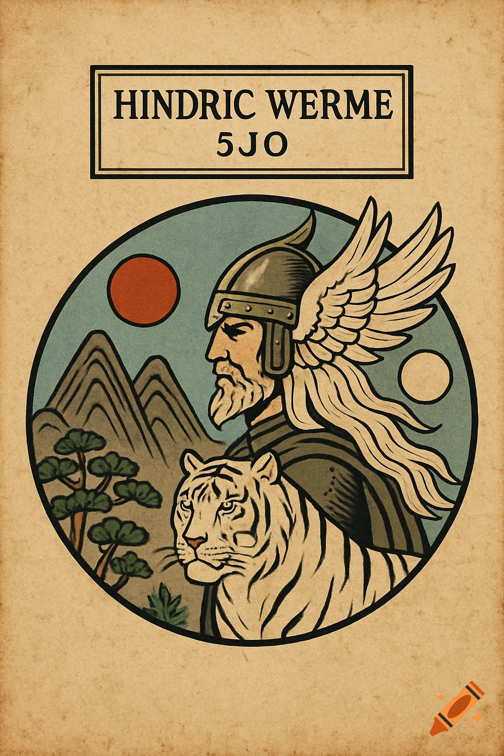 Traditional Korean illustration of a winged Viking warrior and a white tiger, with 'HINDRIC WERME 5JO' text.