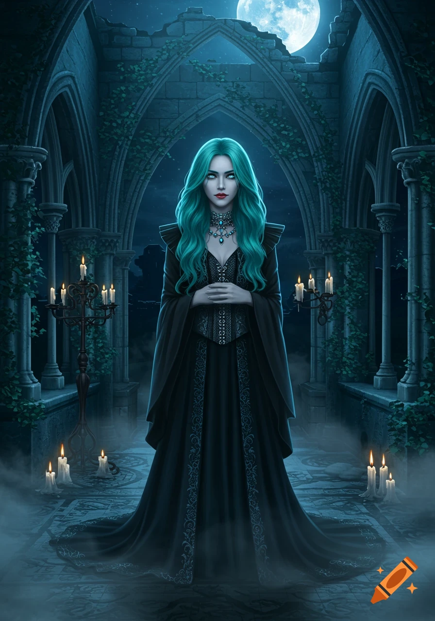 A female vampire with teal hair and glowing eyes stands in a misty gothic ruin under a full moon, surrounded by candles.