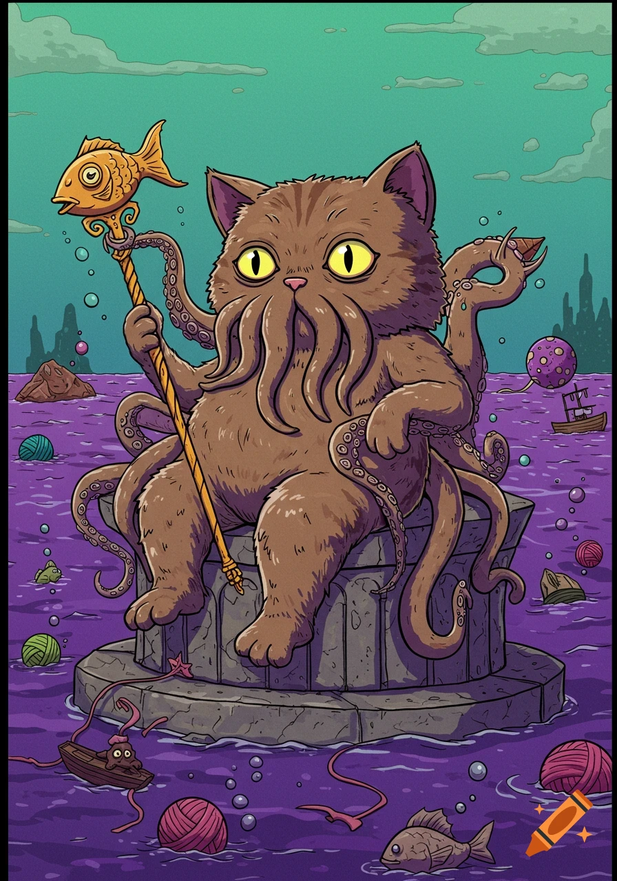 Cartoon illustration of a brown Cthulhu-like cat deity sitting on a stone pedestal in purple water, holding a golden fish scepter.