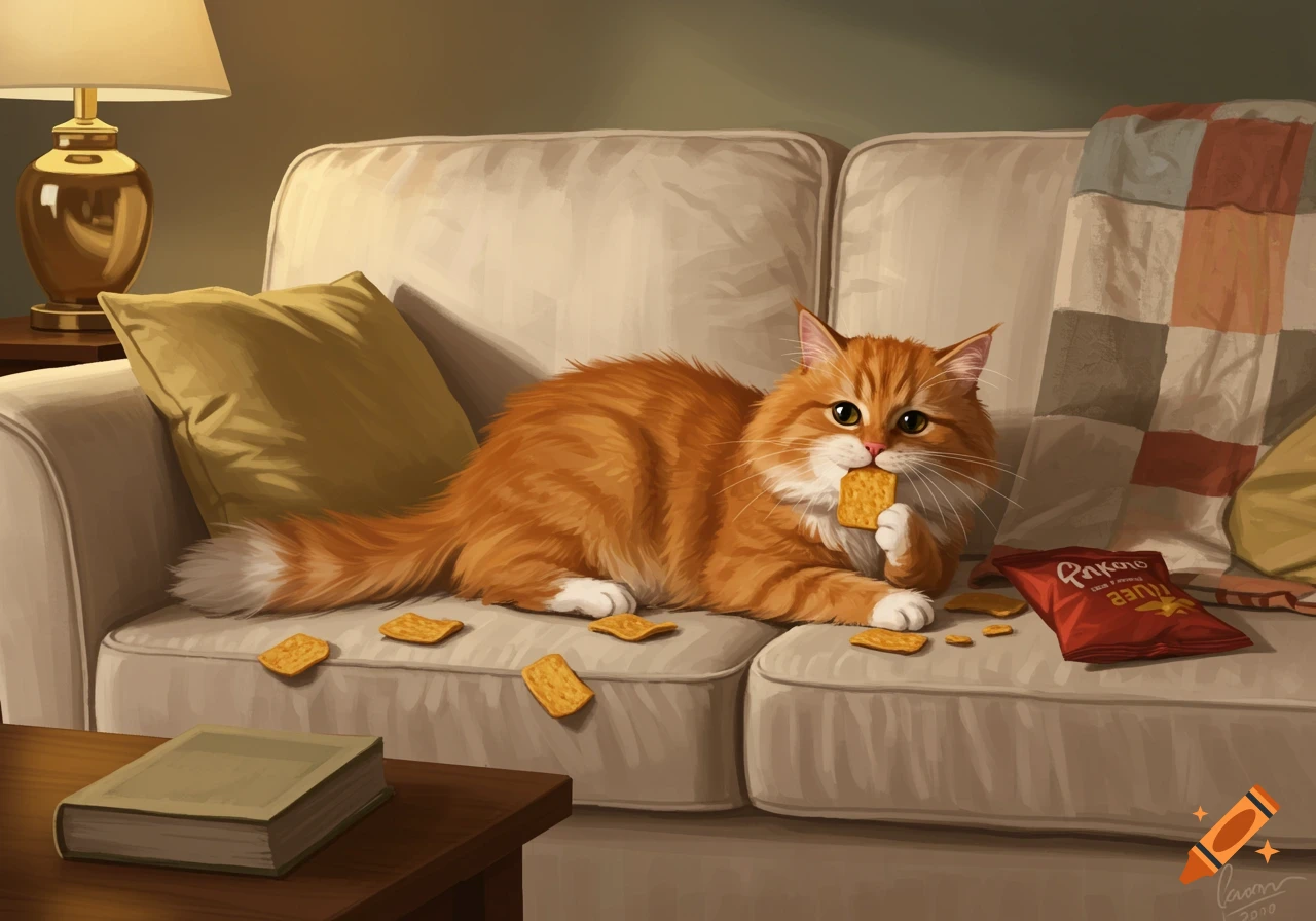A fluffy orange cat lies on a cream-colored sofa, eating a cracker, with other crackers and a red bag nearby, in a cozy indoor setting.