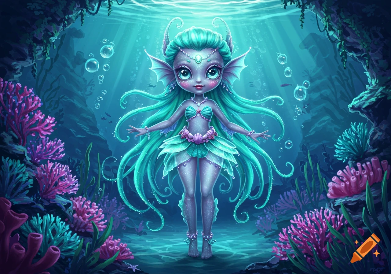 A vibrant, stylized mermaid-like creature with turquoise hair and large eyes stands in an underwater grotto with colorful coral.