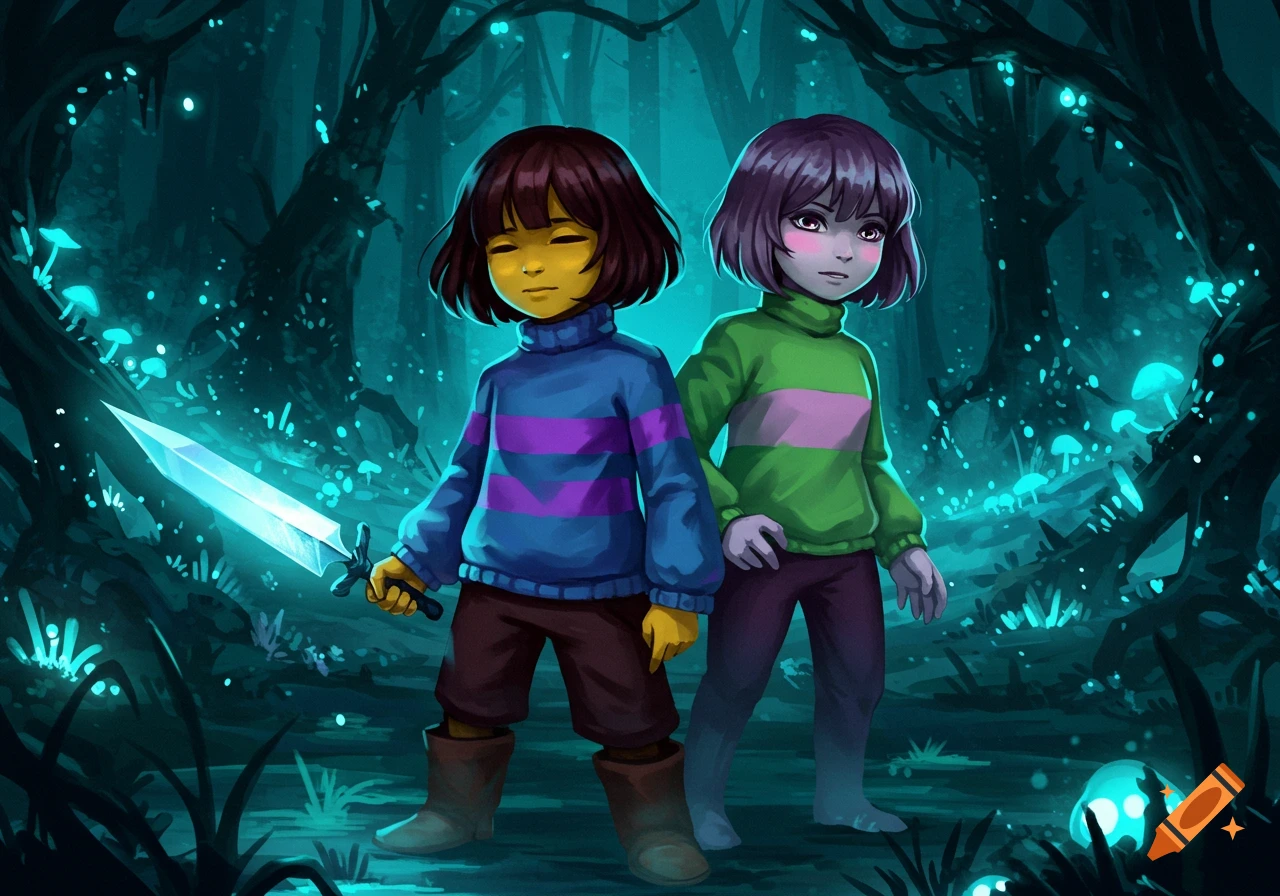 Stylized Frisk with a glowing sword and Chara stand in a dark, glowing blue-green forest, reminiscent of video game art.