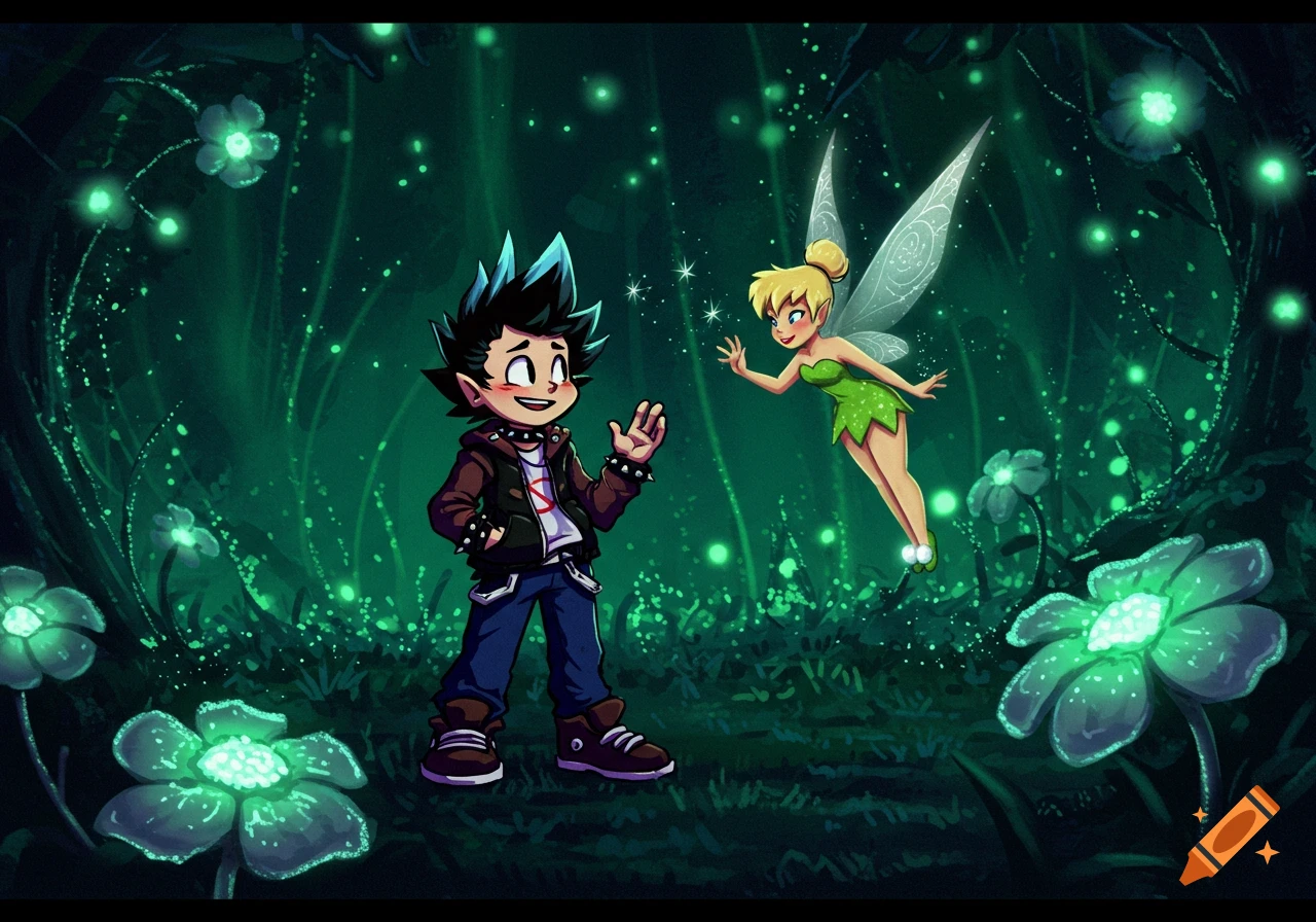 Cartoon style illustration of a boy with spiky hair and a fairy in a glowing green forest.