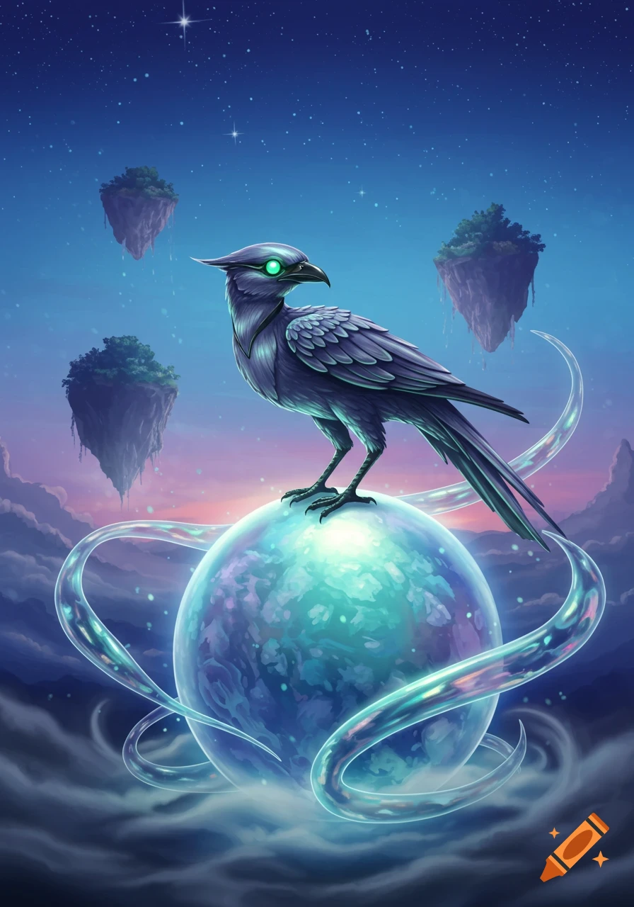 A stylized bird with glowing green eyes on a glowing orb, surrounded by ribbons in a starry sky with floating islands.