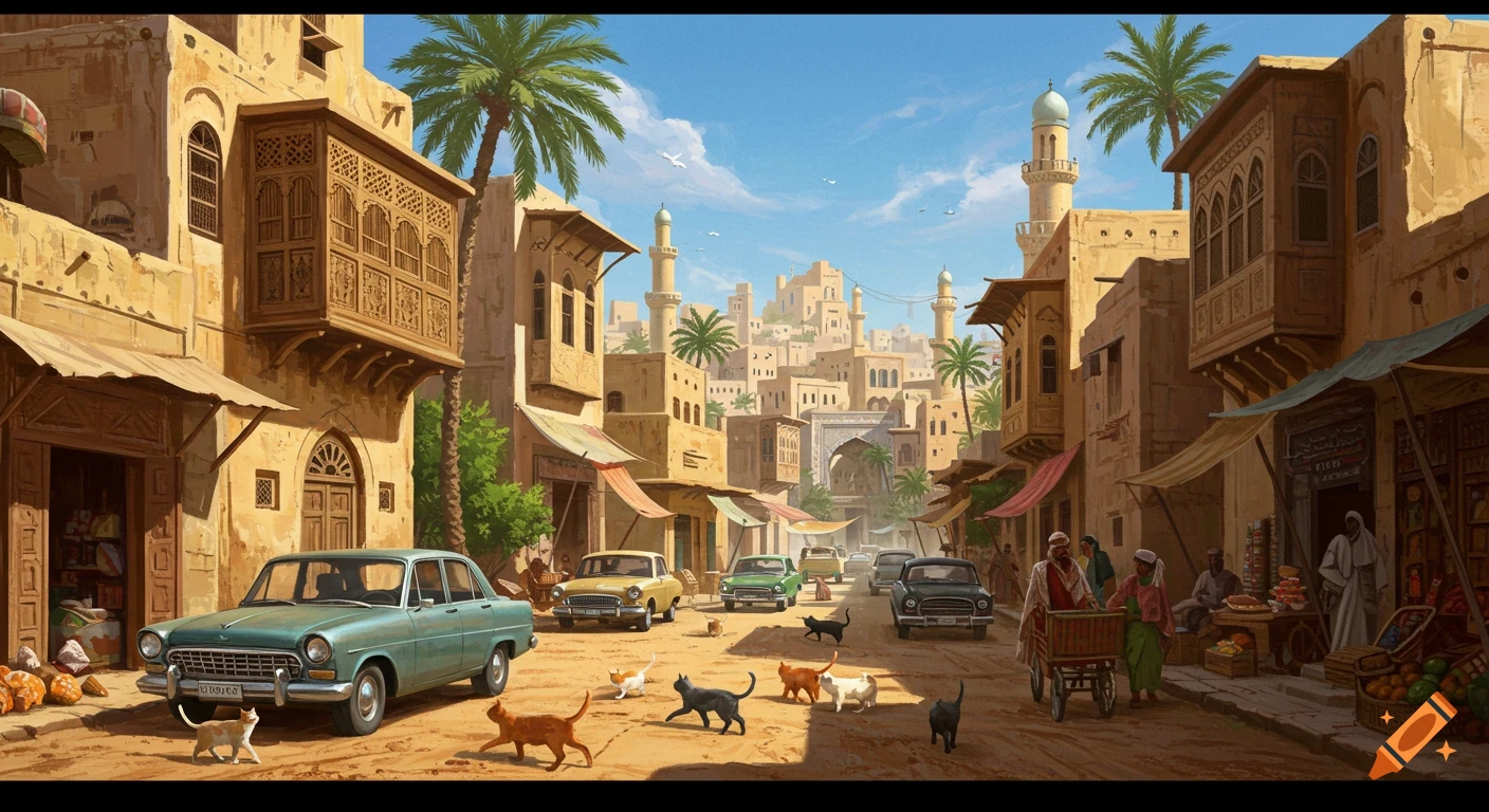 A wide illustration of an old city street in Baghdad with traditional buildings, vintage cars, people, and many cats walking around.