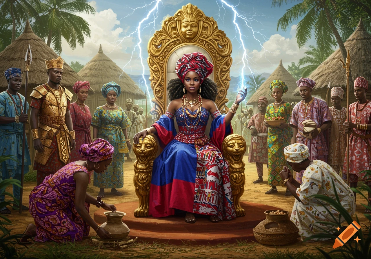 A powerful Black Haitian goddess sits on an ornate golden throne, surrounded by villagers in a vibrant Nigerian village, lightning crackling from her hands.