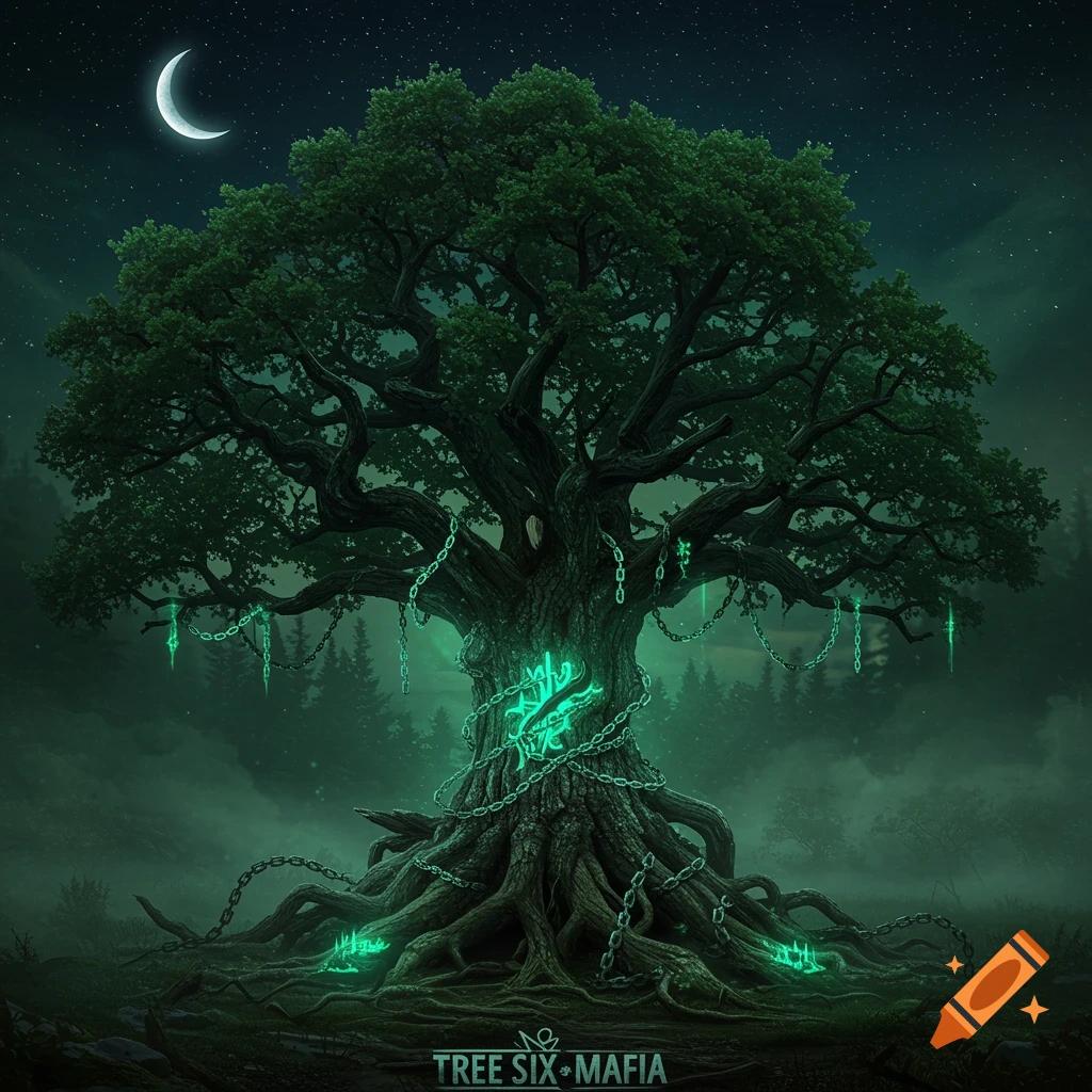 A gnarled, mystical tree with glowing green runes and chains under a crescent moon in a dark forest. Text: 'TREE SIX + MAFIA'.