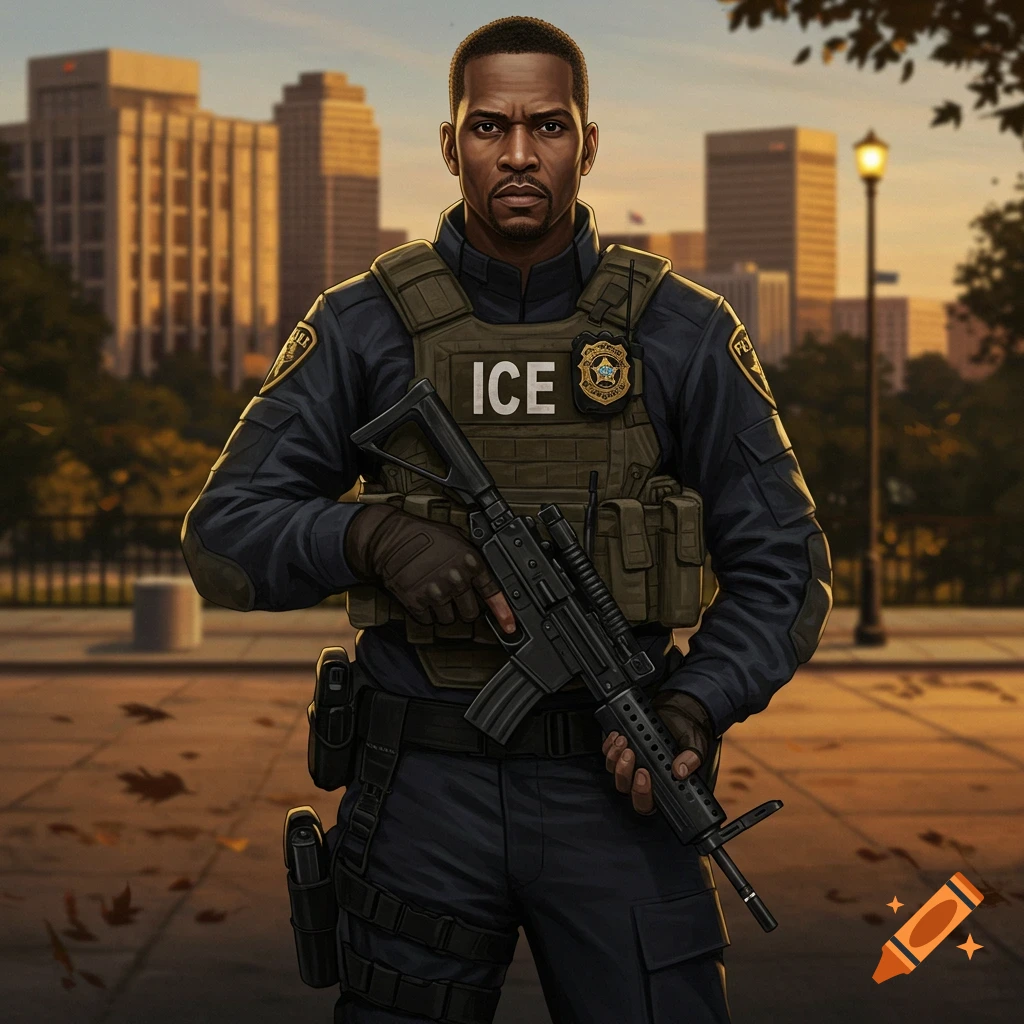 A stoic male ICE agent in a tactical vest and uniform holds a rifle, with city buildings in the background.