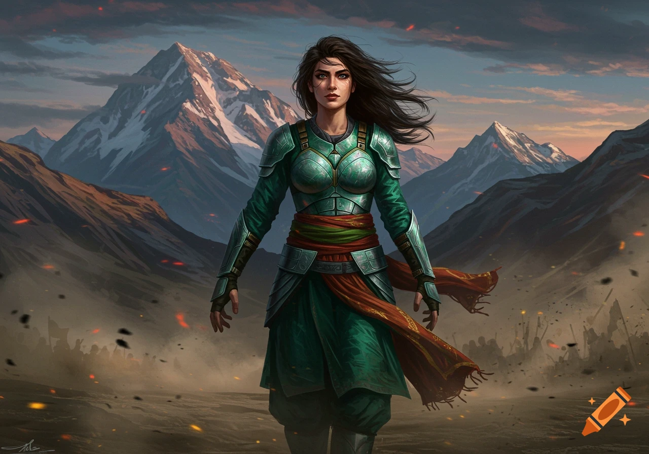 A confident female warrior in green and silver armor with dark flowing hair stands against a mountainous backdrop with a distant battle, digital painting.