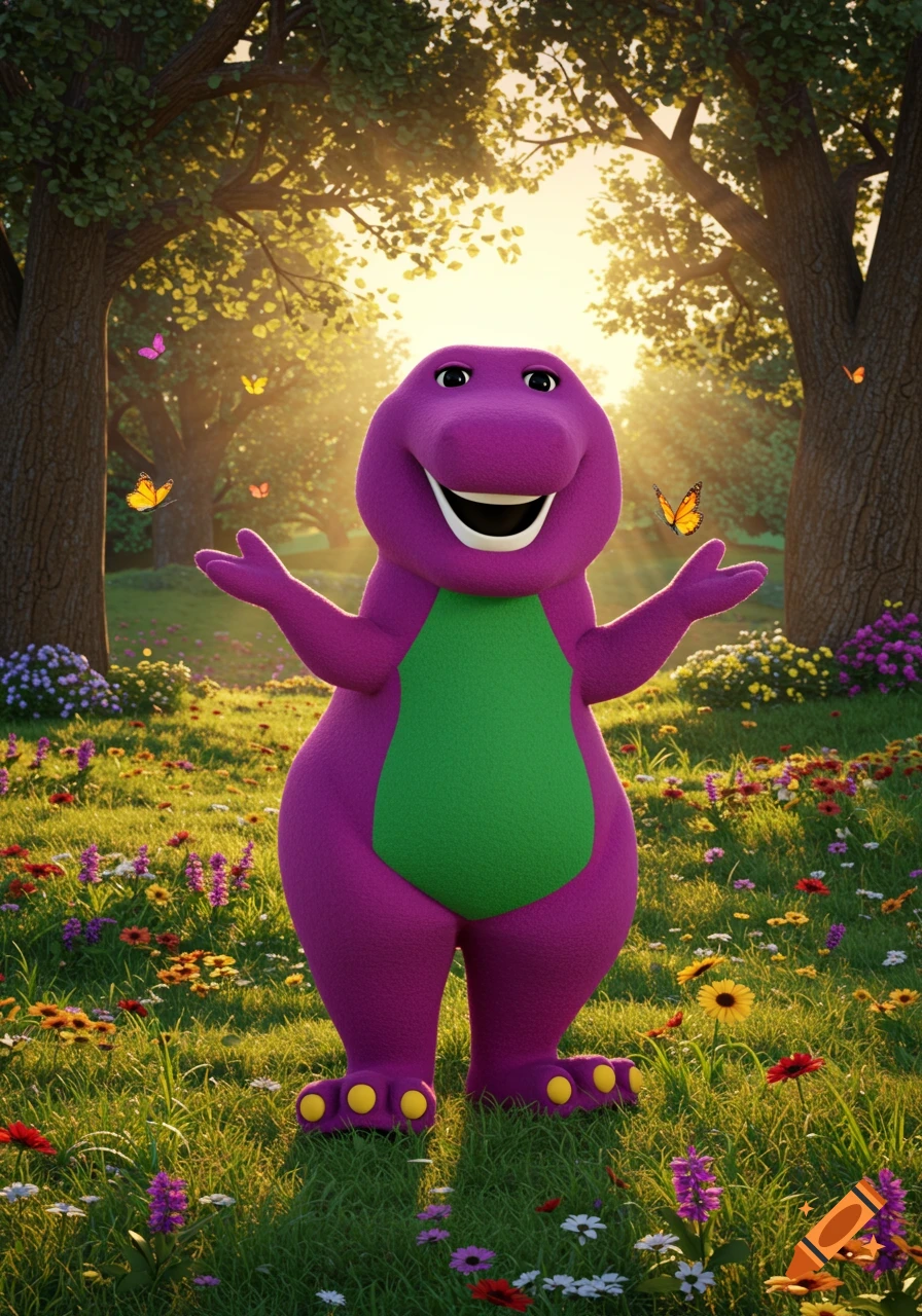 Barney the dinosaur stands in a sunlit forest clearing filled with wildflowers and butterflies.