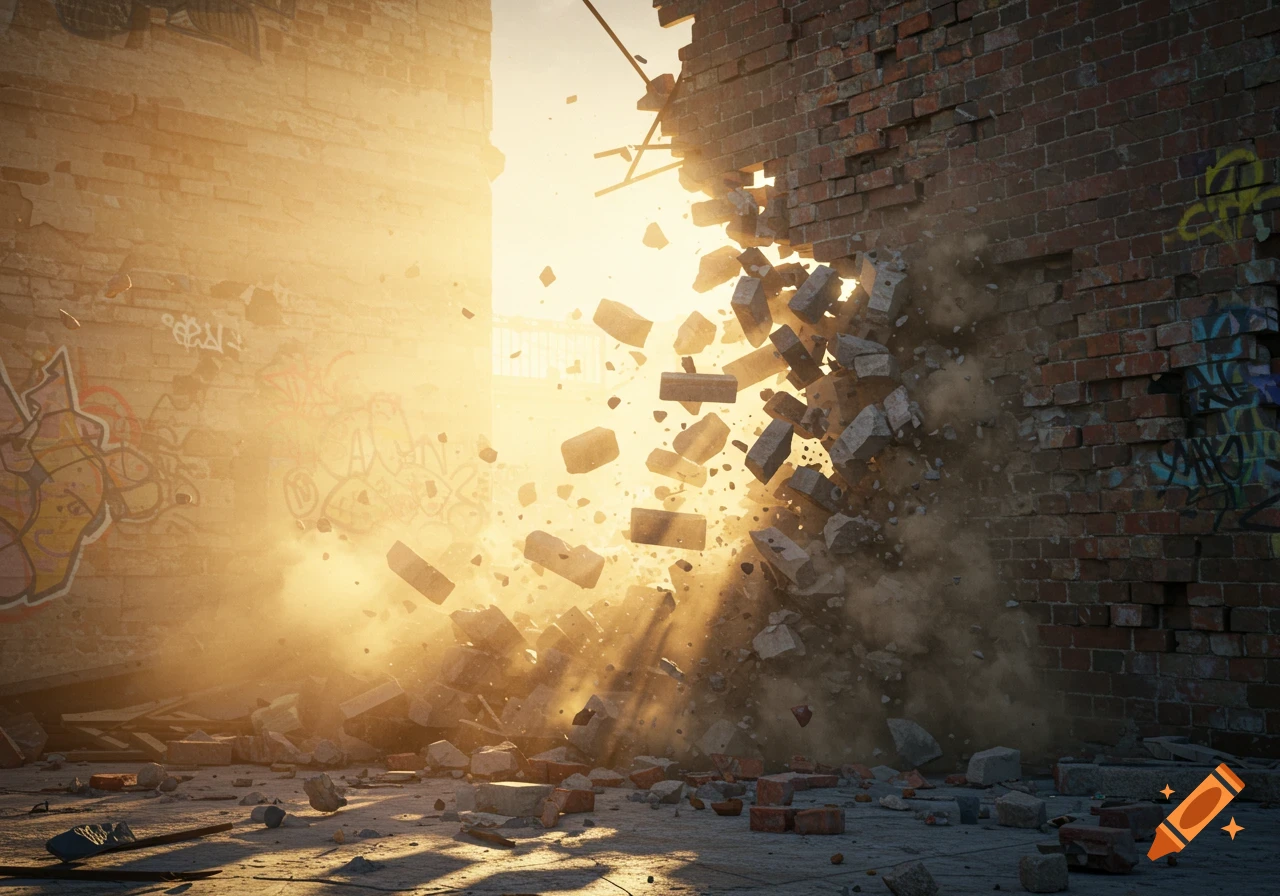 A brick wall collapses into rubble and dust, illuminated by a bright sunburst.