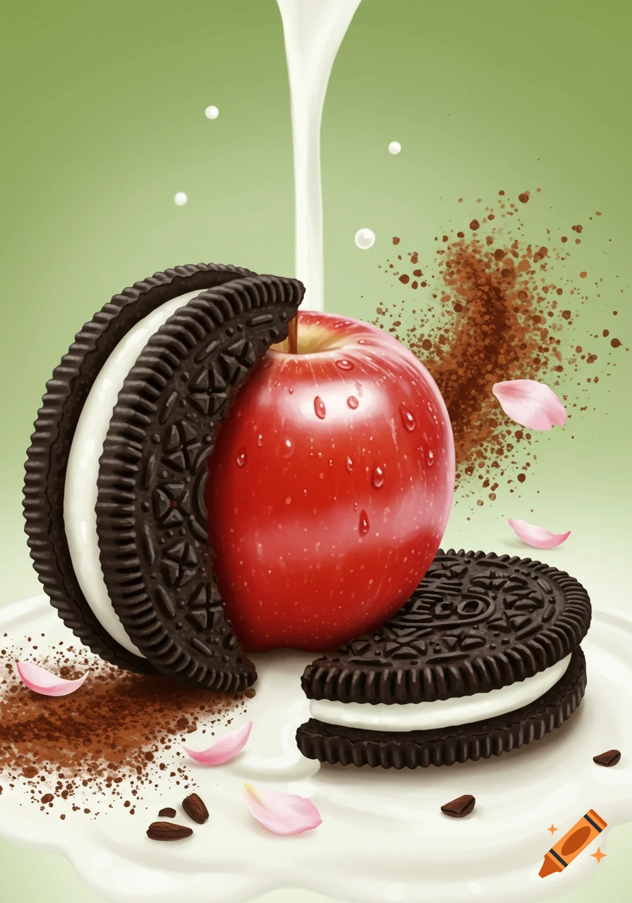 A vibrant illustration of a red apple partially merged with a large Oreo cookie, with milk pouring onto a white surface.