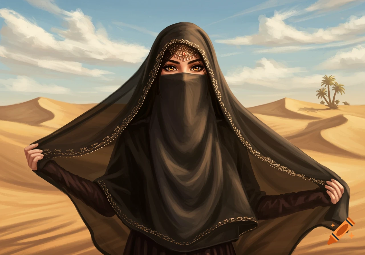 Digital painting of a woman in a black niqab and headpiece in a desert with sand dunes and palm trees.