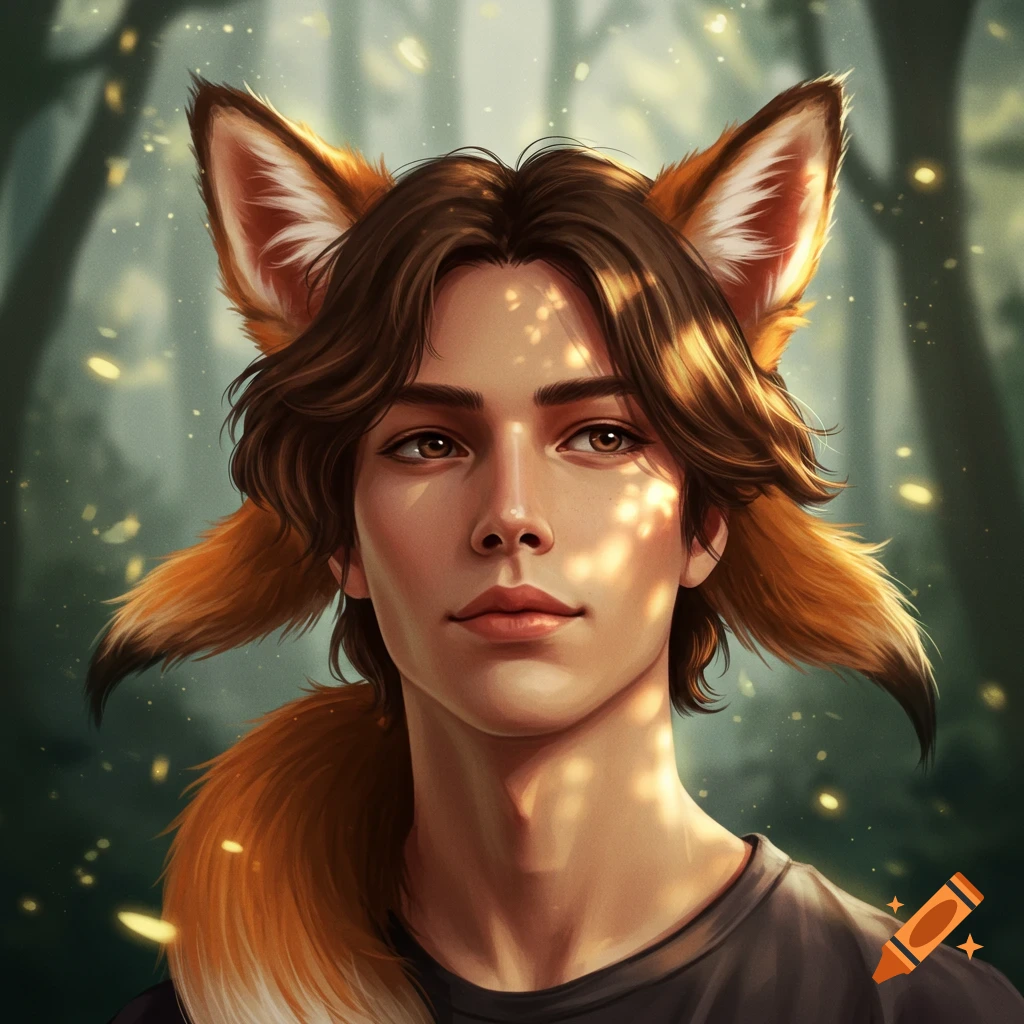 Bust of a young man with brown hair and fox ears and tail, dappled sunlight in a forest.