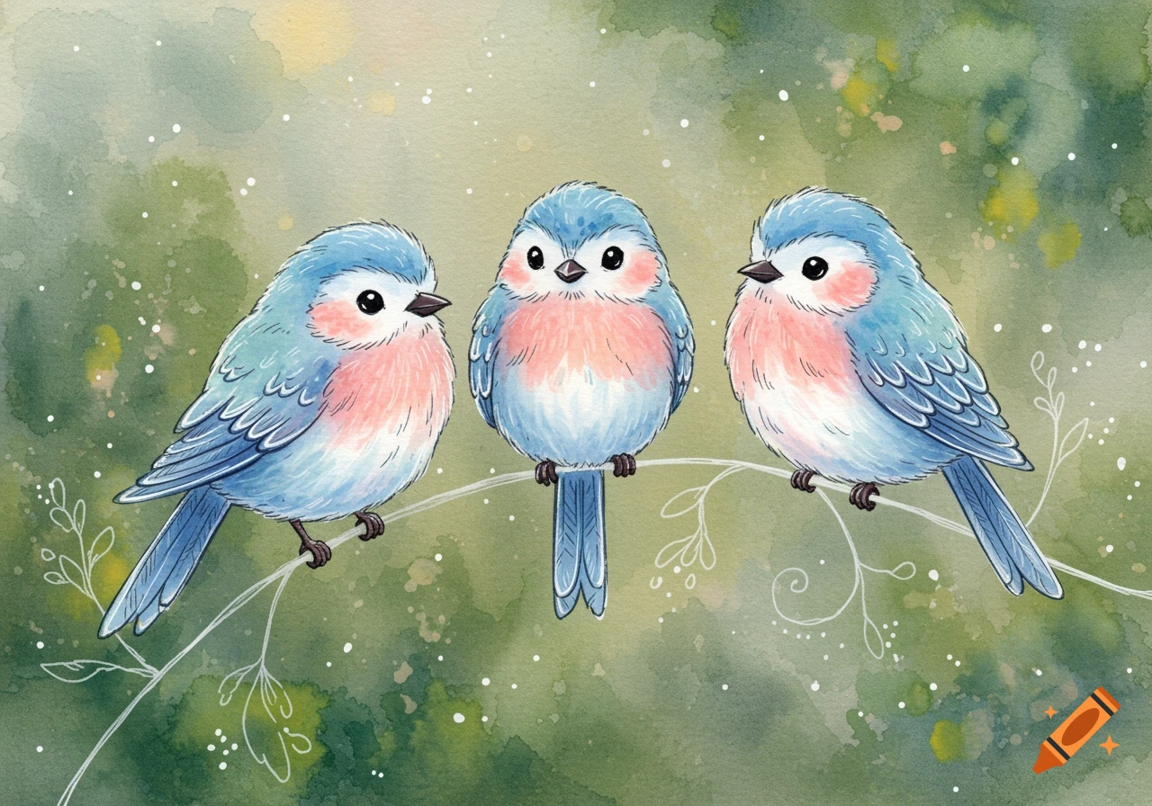Three whimsical blue and pink birds perched on a branch in a watercolor and pen illustration style.