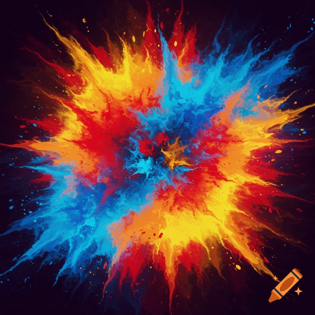 A vibrant abstract explosion of red, blue, and yellow paint splatters against a dark background.