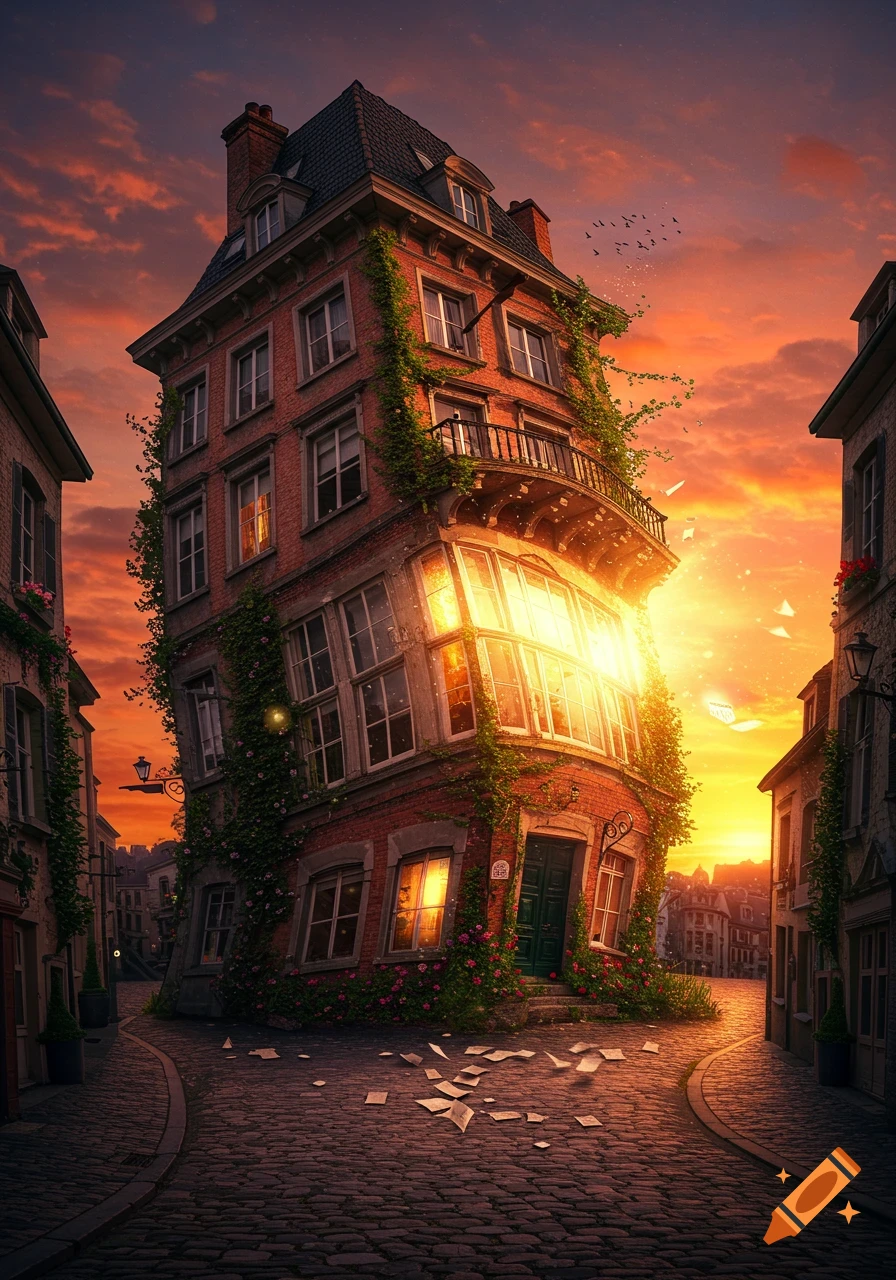 A tall, old, leaning brick building with vines on a cobblestone street. Bright golden light bursts from its windows at sunset, with papers scattered on the ground.