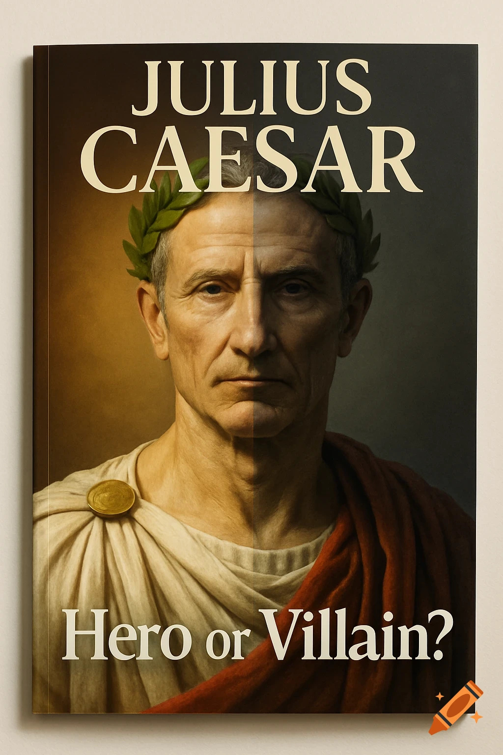 A book cover featuring Julius Caesar, split to show his heroic and villainous sides, titled 'JULIUS CAESAR: Hero or Villain?'