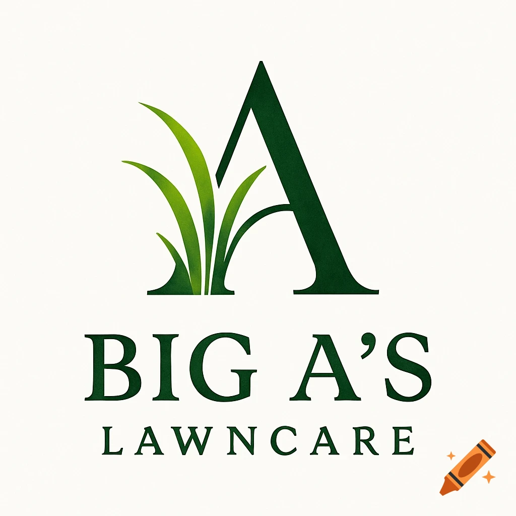 A green logo for "BIG A'S LAWNCARE" featuring a large dark green letter 'A' with bright green blades of grass growing from its base.