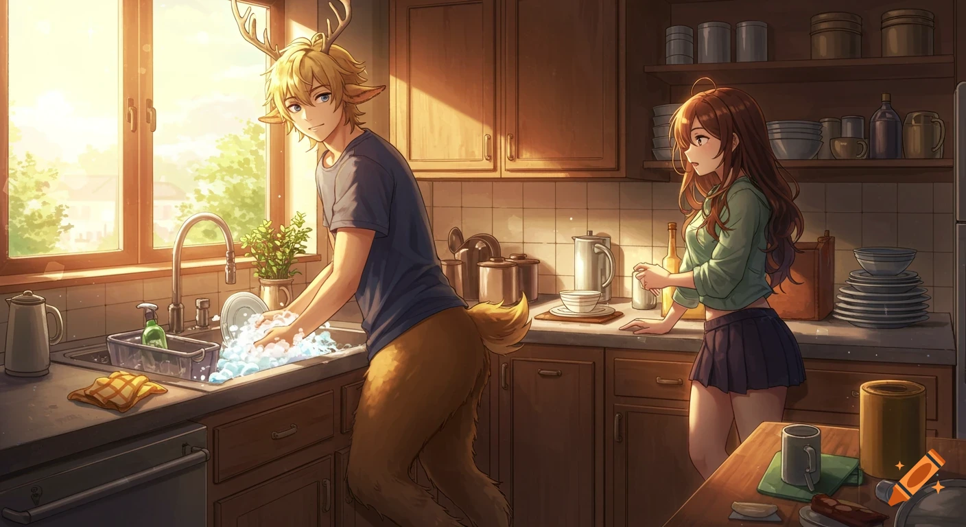 An anime-style image of a blond satyr boy washing dishes in a sunny kitchen, with a brunette girl standing nearby.
