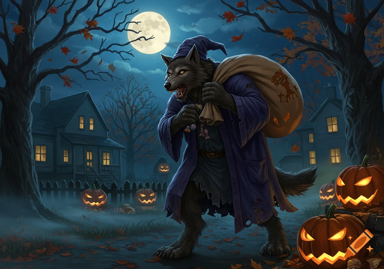 A werewolf in a wizard hat and tattered coat carries a sack through a Halloween neighborhood under a full moon, with glowing jack-o'-lanterns.