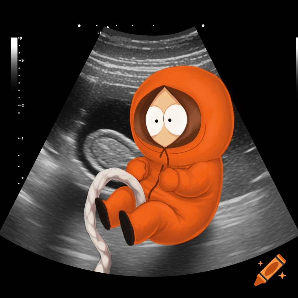 Cartoon of Kenny from South Park as a fetus in an ultrasound, holding an umbilical cord.