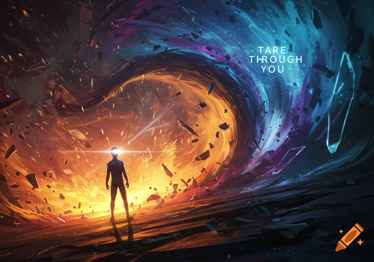 A silhouetted figure stands before a swirling vortex of orange and blue energy and debris, with text 'TARE THROUGH YOU' on the right.
