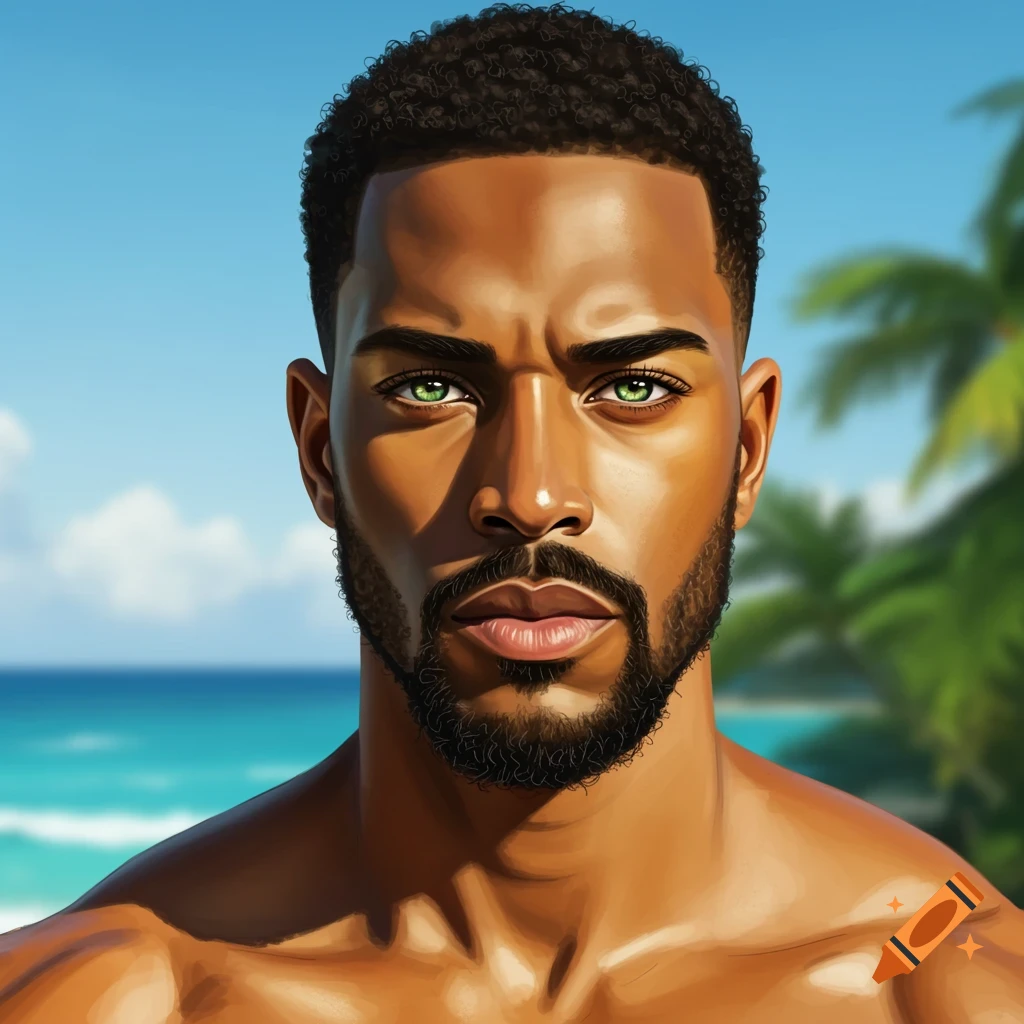 Close-up digital painting of a handsome man with dark skin, emerald green eyes, and a beard, set against a bright tropical beach.