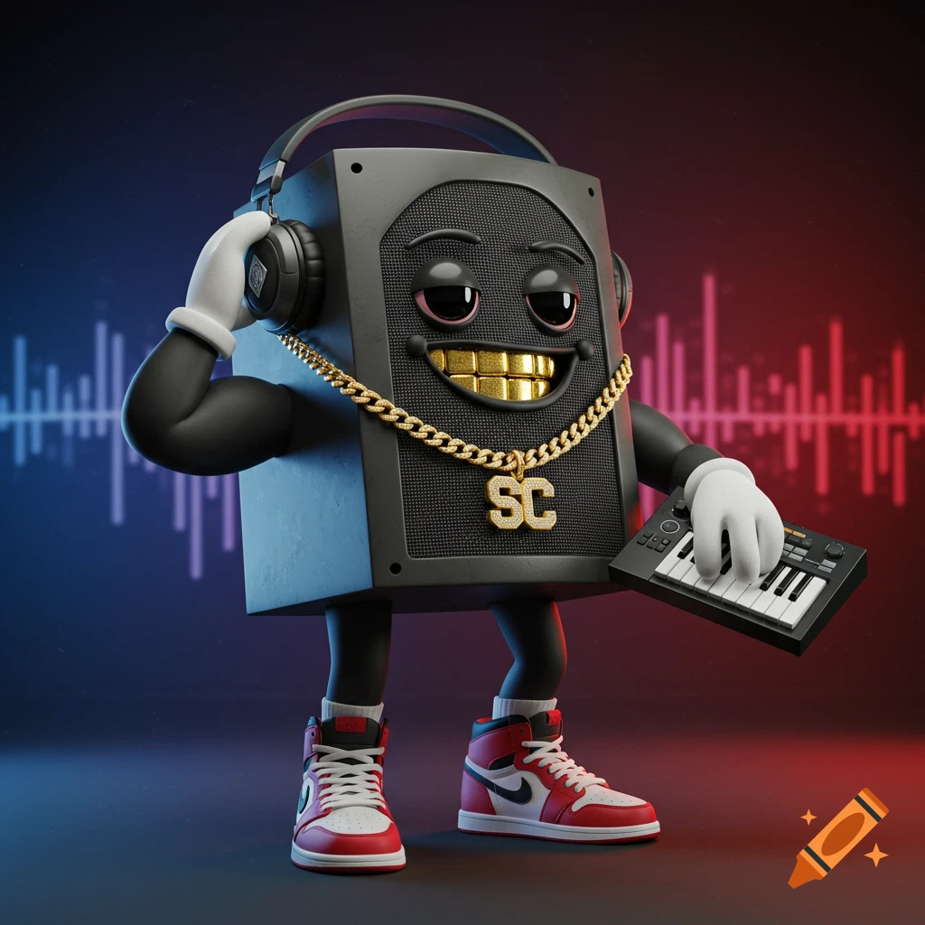 A 3D render of a cool anthropomorphic speaker wearing headphones, gold grill, 'SC' chain, Jordan sneakers, and holding a MIDI keyboard.