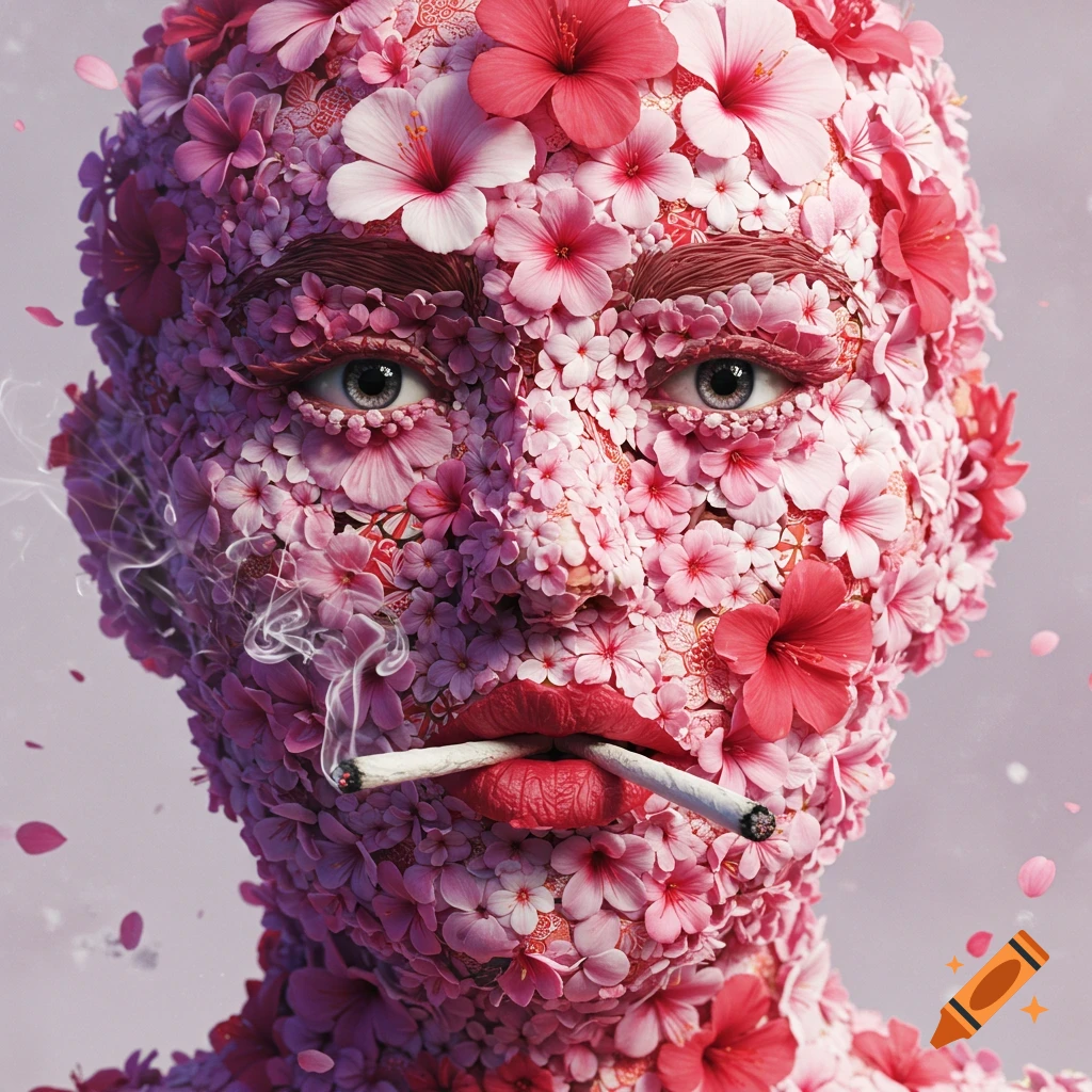 A human head and face covered entirely in pink and red flowers, with red lips holding a lit joint, against a light background.