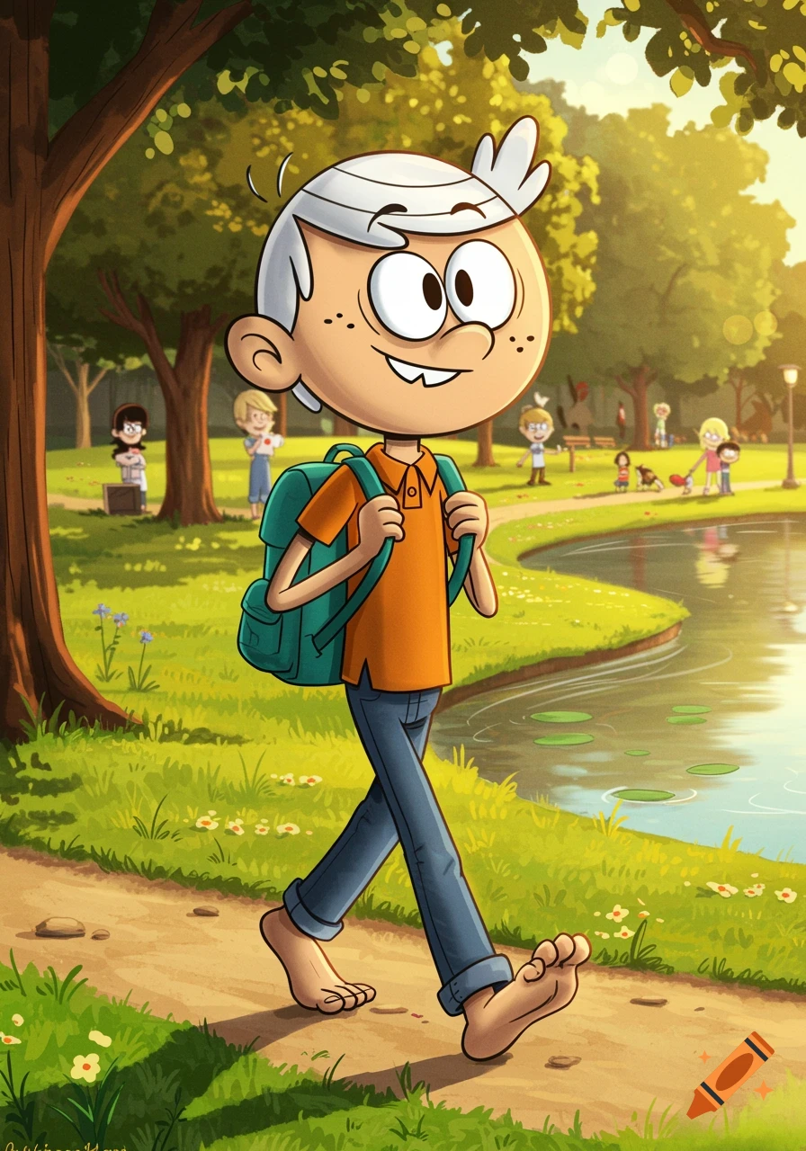 Cartoon character Lincoln Loud, wearing an orange polo and jeans, walks barefoot on a path by a lake in a sunny park.