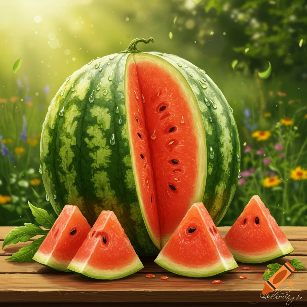 A whole, sliced watermelon and four individual slices sit on a wet wooden table outdoors, bathed in sunlight. Water droplets cover the fruit.