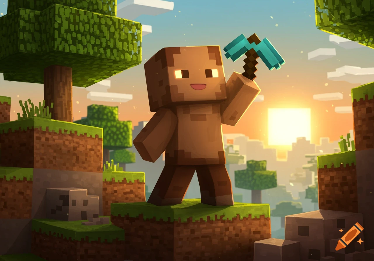 A blocky Minecraft character with glowing eyes holds a diamond pickaxe in a sunny, blocky landscape at sunset.