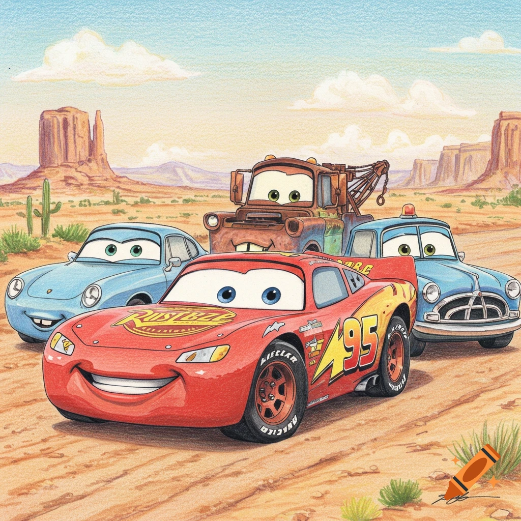 A color pencil drawing of Lightning McQueen, Mater, Sally, and Doc Hudson from Cars in a desert landscape.
