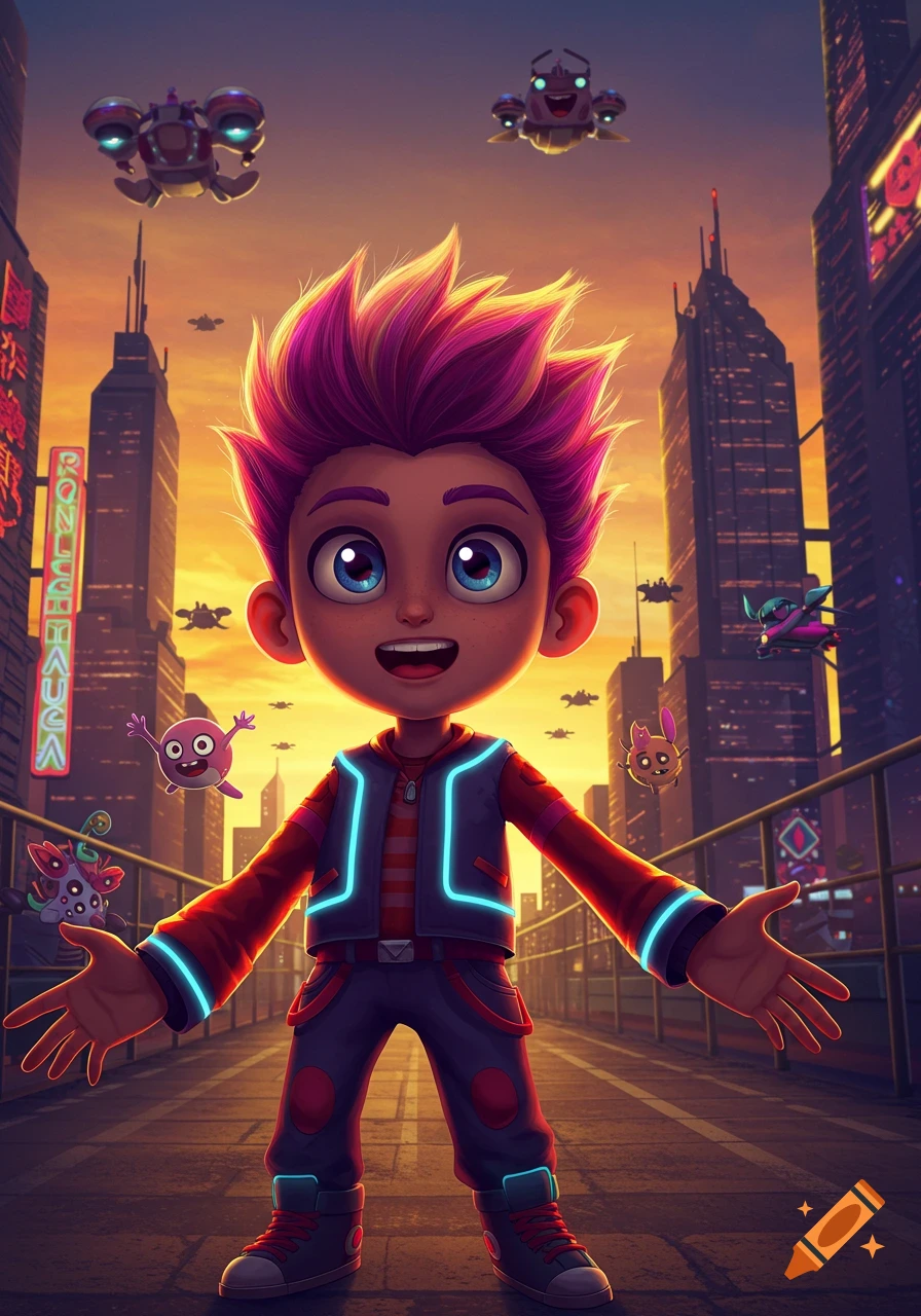 A cartoon boy with spiky pink hair and a glowing blue jacket stands in a futuristic city at sunset with small flying creatures and vehicles.