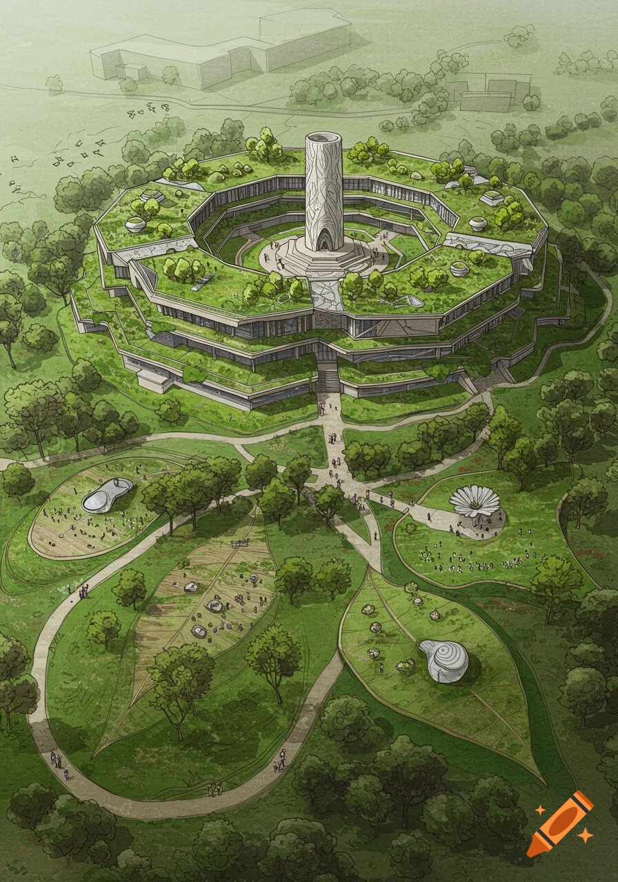 Aerial concept drawing of an octagonal building with a green roof and central tower, set within a lush, landscaped park.
