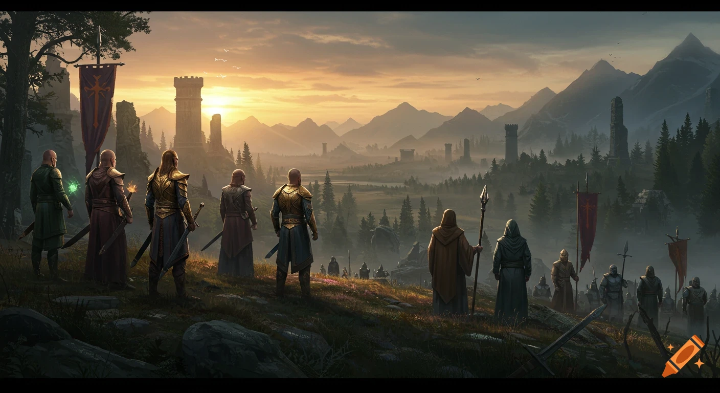 Fantasy warriors, mages, and priests overlook a vast landscape with ancient castles and mountains under a sunset sky.
